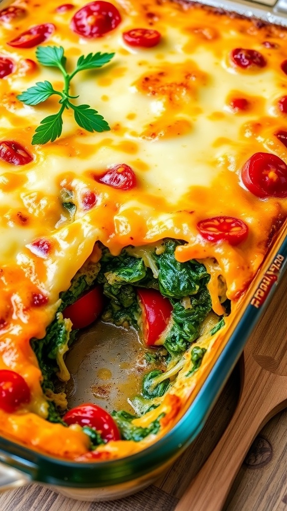 A hearty spinach and tomato casserole in a glass dish, topped with melted cheese, served on a rustic table.